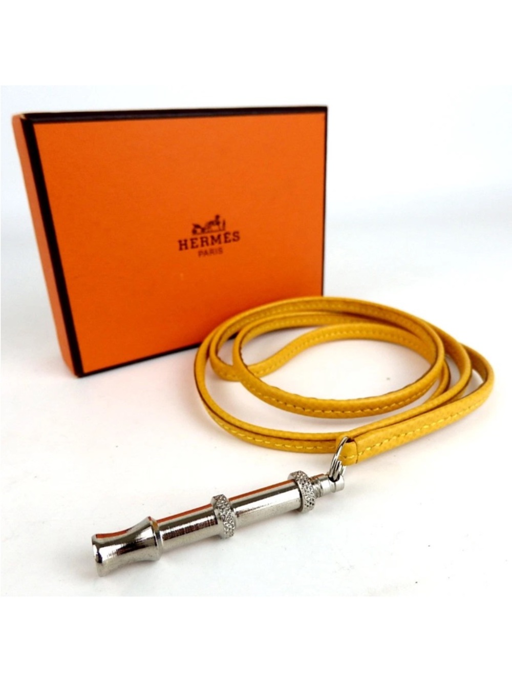 HERMÈS Yellow Leather Silver Whistle Pendant Necklace - Picture 2 of 4